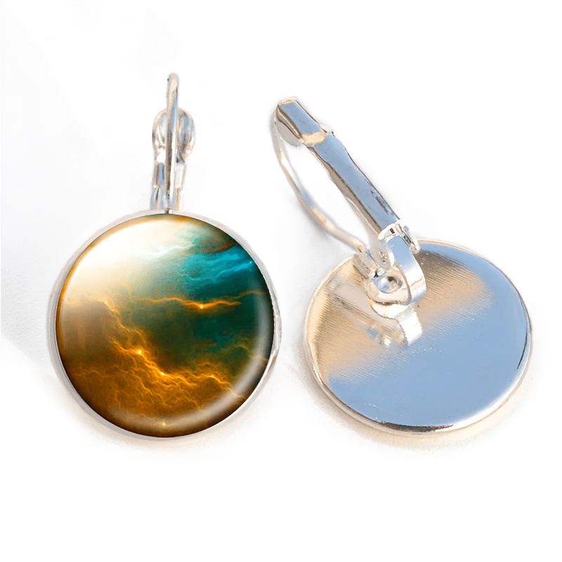 2pc Round Glass Inlaid Base Earrings Set, Multicolor Design